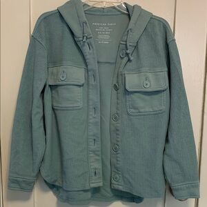 American Eagle Oversized Long Sleeve Hoodie Shacket Shirt-Jacket Button Front